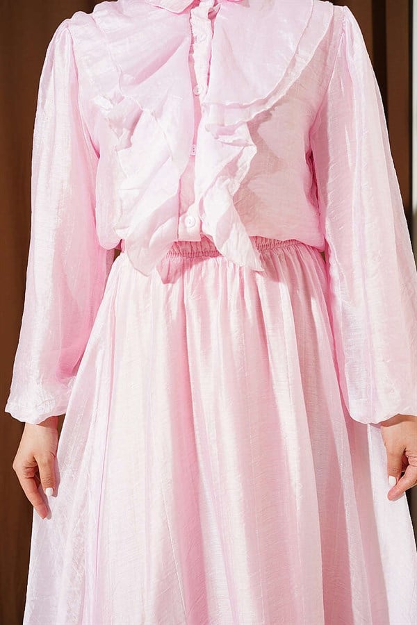 Pink 2 Piece Set: Blouse and Skirt with Ruffled Front