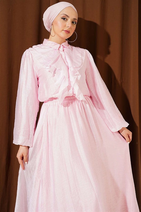 Pink 2 Piece Set: Blouse and Skirt with Ruffled Front