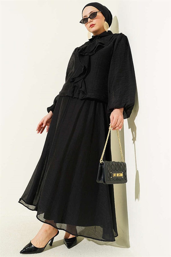 2 Piece Set: blouse and skirt with ruffled front, black.