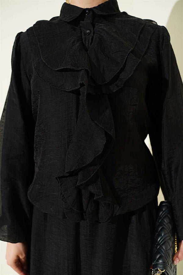 2 Piece Set: blouse and skirt with ruffled front, black.