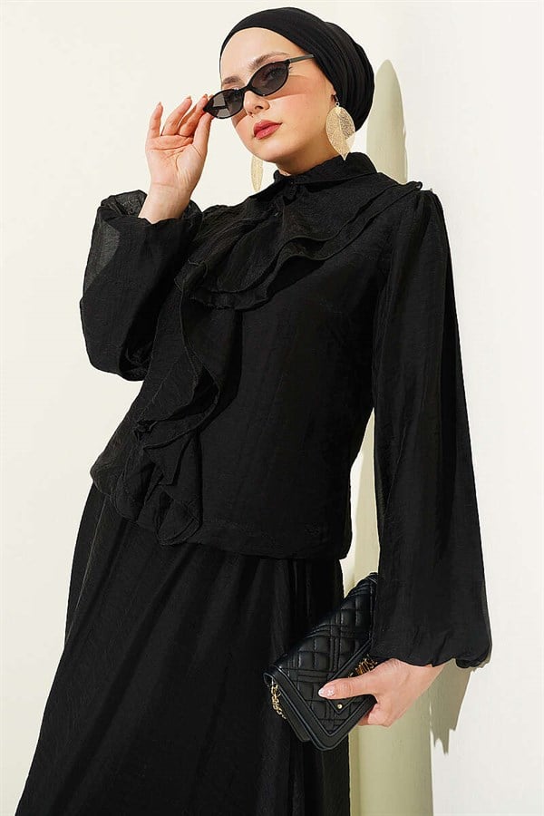2 Piece Set: blouse and skirt with ruffled front, black.