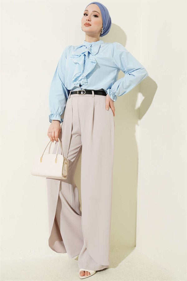 Short Shirt with Ruffled Lace Front, Blue