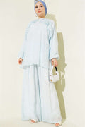 Loose-fitting 2 Piece Set with ruffled front design, blue.