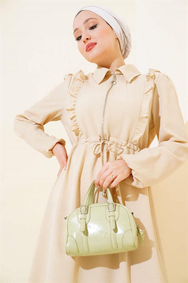 Frill Front Zipper Dress Beige