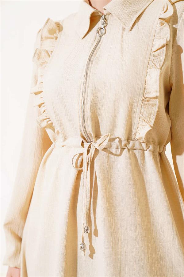 Frill Front Zipper Dress Beige