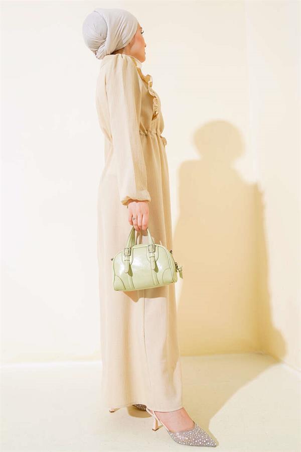 Frill Front Zipper Dress Beige