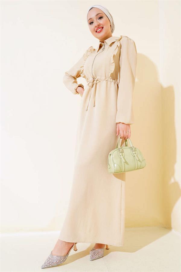 Frill Front Zipper Dress Beige