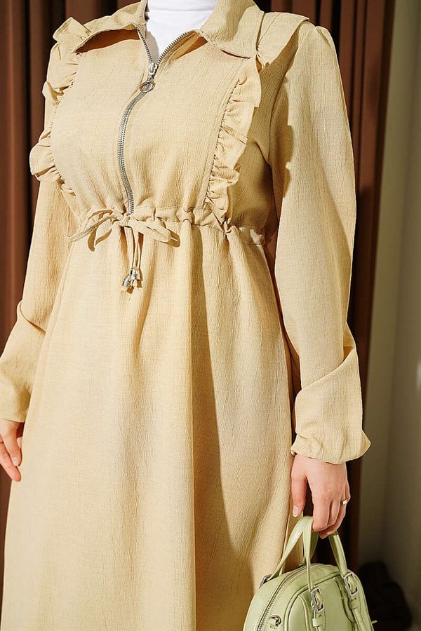 Front Ruffled Zipper Dress, Sand Beige