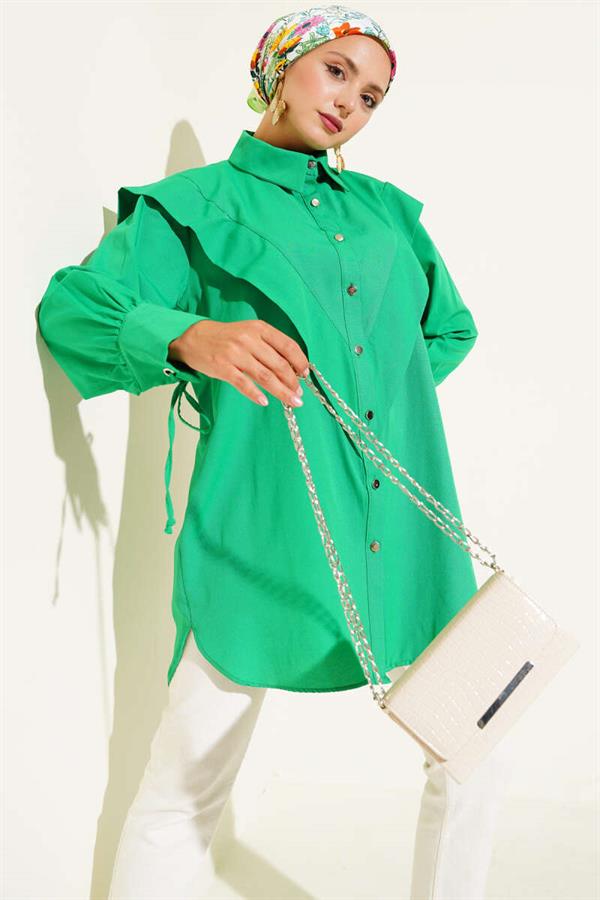 Green Shirt with Ruffled Front and Laced Rope