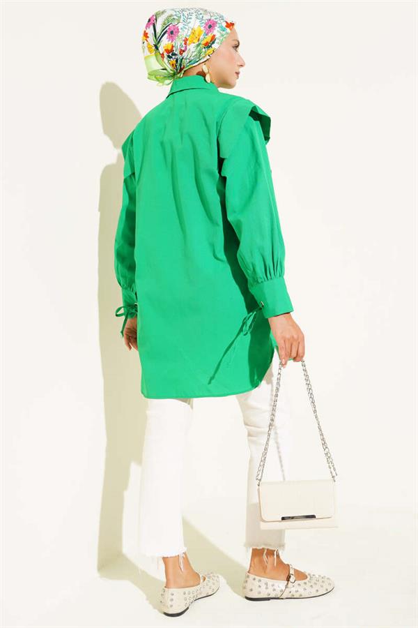 Green Shirt with Ruffled Front and Laced Rope