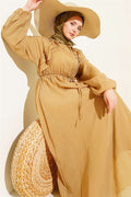 Latte Dress with Ruffled Front and Strappy Belt