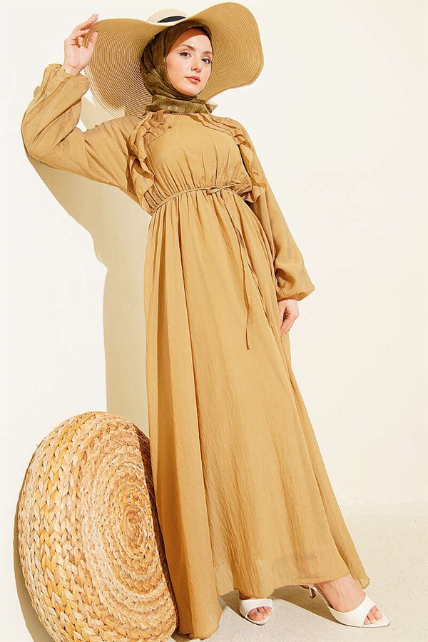Latte Dress with Ruffled Front and Strappy Belt