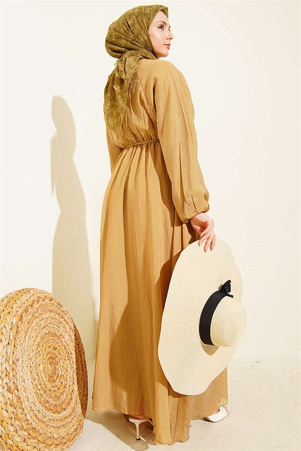 Latte Dress with Ruffled Front and Strappy Belt