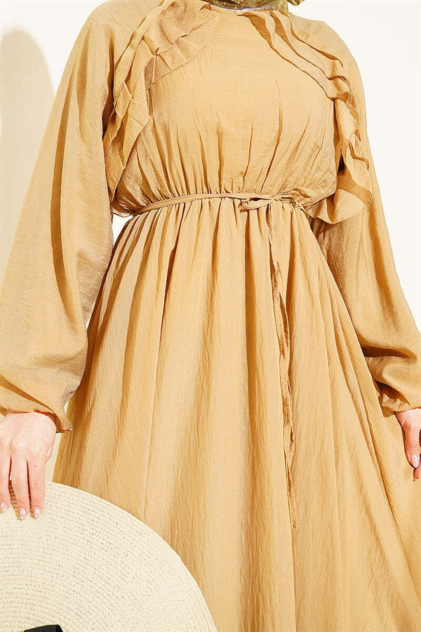 Latte Dress with Ruffled Front and Strappy Belt