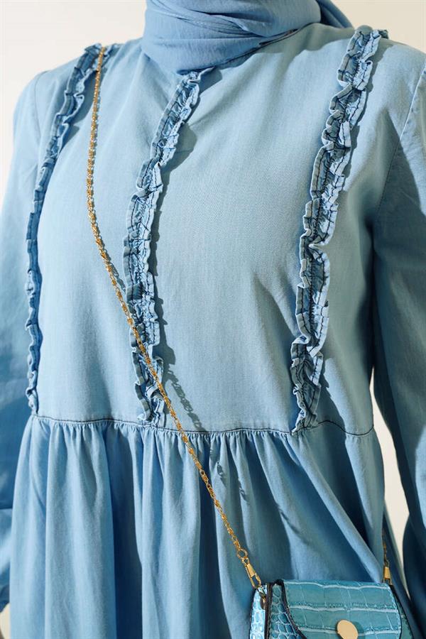 Ice Blue Denim Dress with Ruffle Front