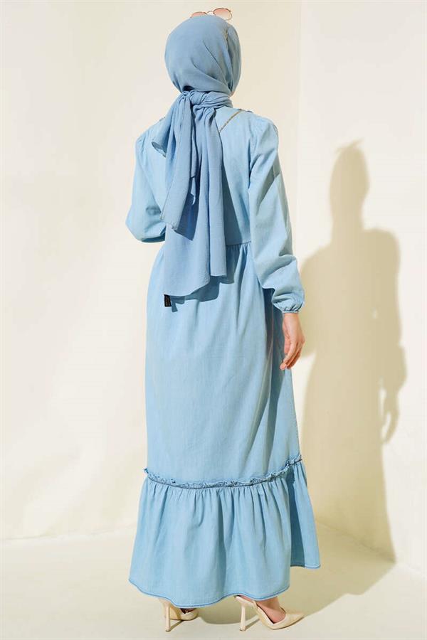 Ice Blue Denim Dress with Ruffle Front