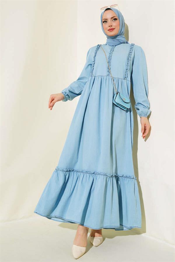 Ice Blue Denim Dress with Ruffle Front