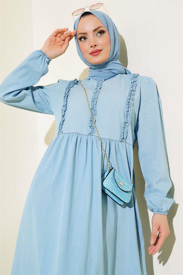 Ice Blue Denim Dress with Ruffle Front