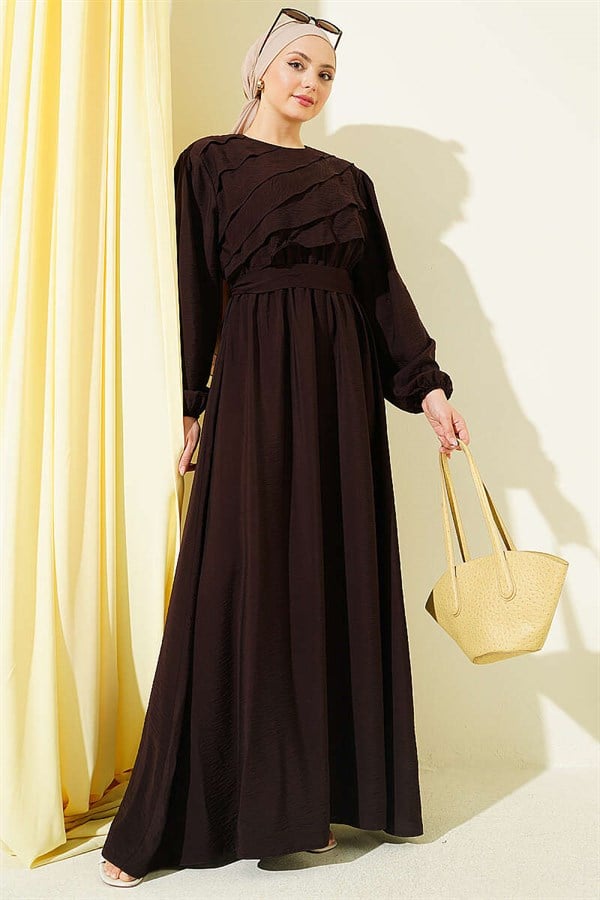 Dark Brown Dress with Ruffled Front and Belt
