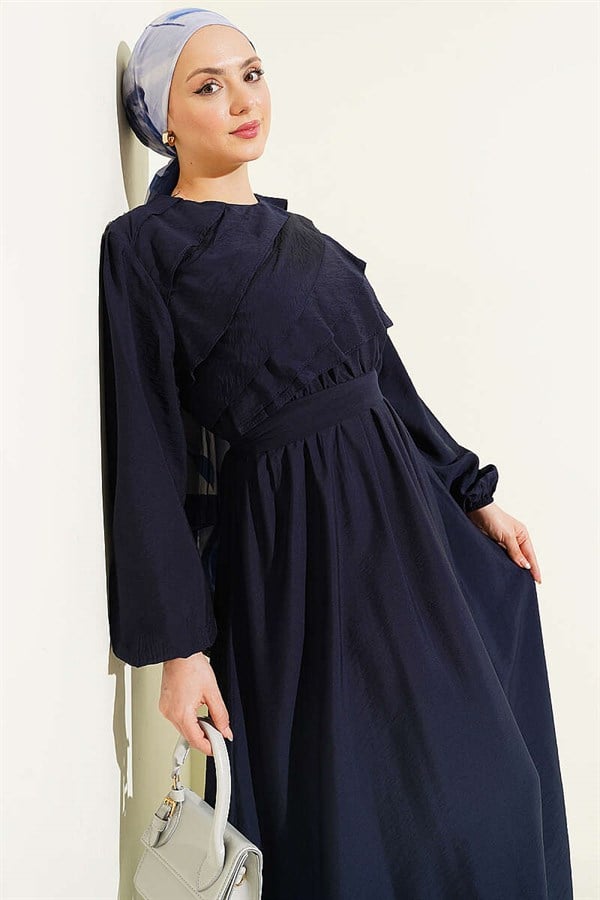 Navy Blue Dress with Ruffled Front and Belt