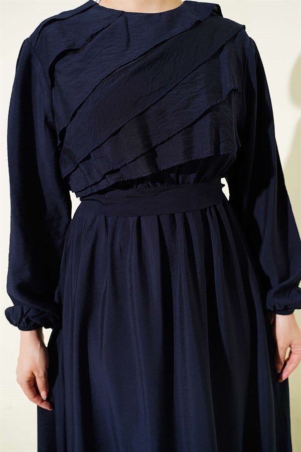 Navy Blue Dress with Ruffled Front and Belt