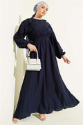 Navy Blue Dress with Ruffled Front and Belt