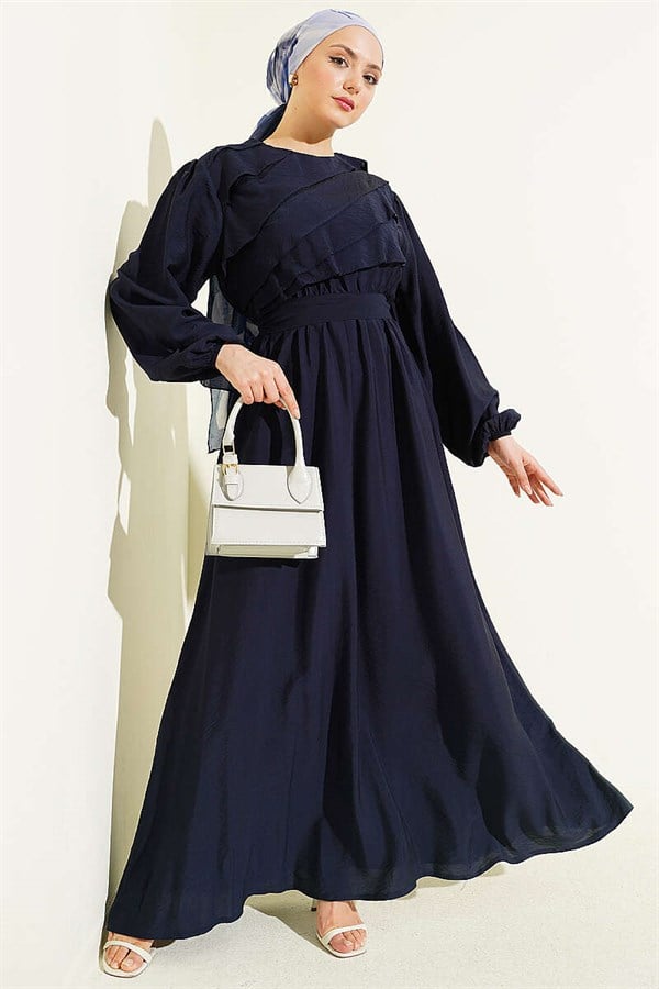 Navy Blue Dress with Ruffled Front and Belt
