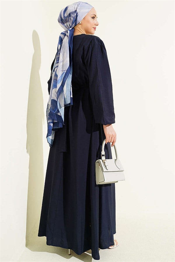 Navy Blue Dress with Ruffled Front and Belt