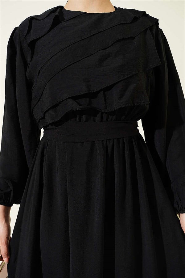 Black Dress with Ruffled Front and Belt