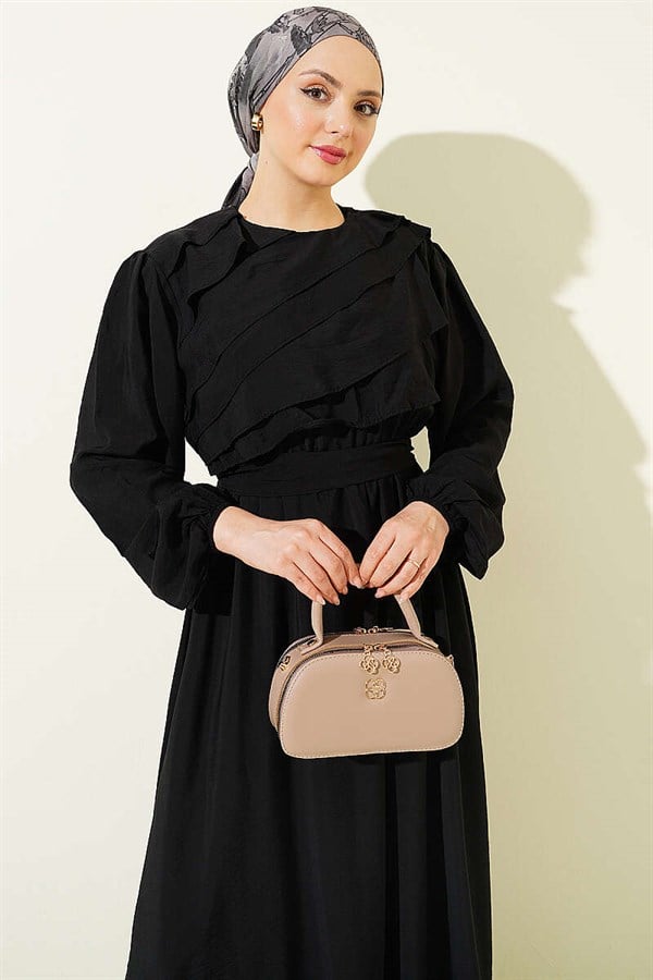 Black Dress with Ruffled Front and Belt