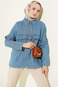 Denim Jacket with Ruffled Front and Metal Buttons, Denim Blue