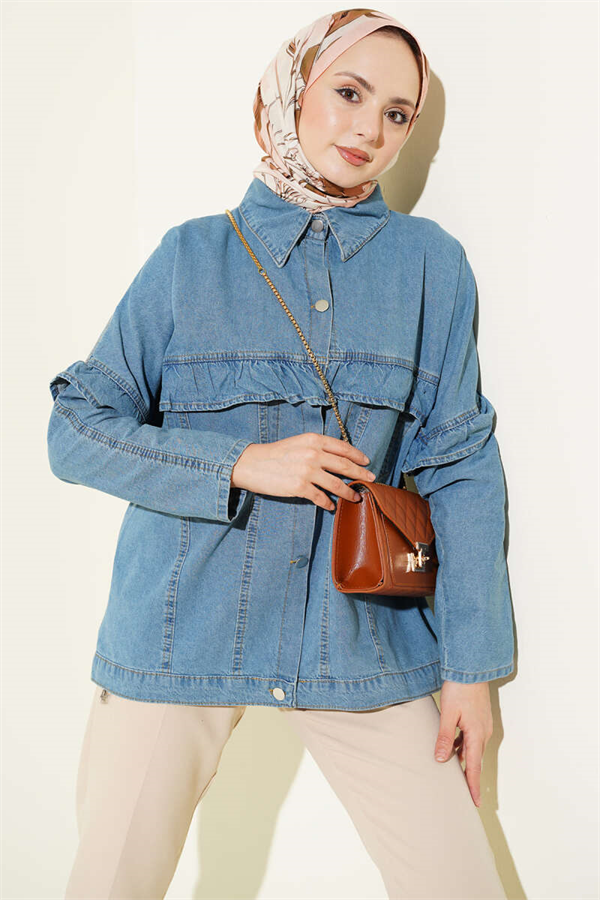 Denim Jacket with Ruffled Front and Metal Buttons, Denim Blue