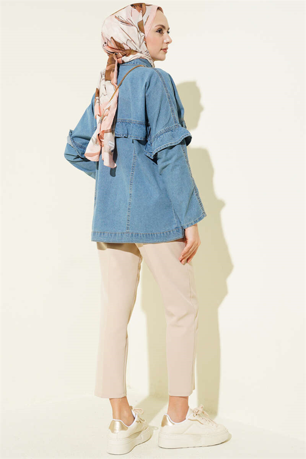 Denim Jacket with Ruffled Front and Metal Buttons, Denim Blue