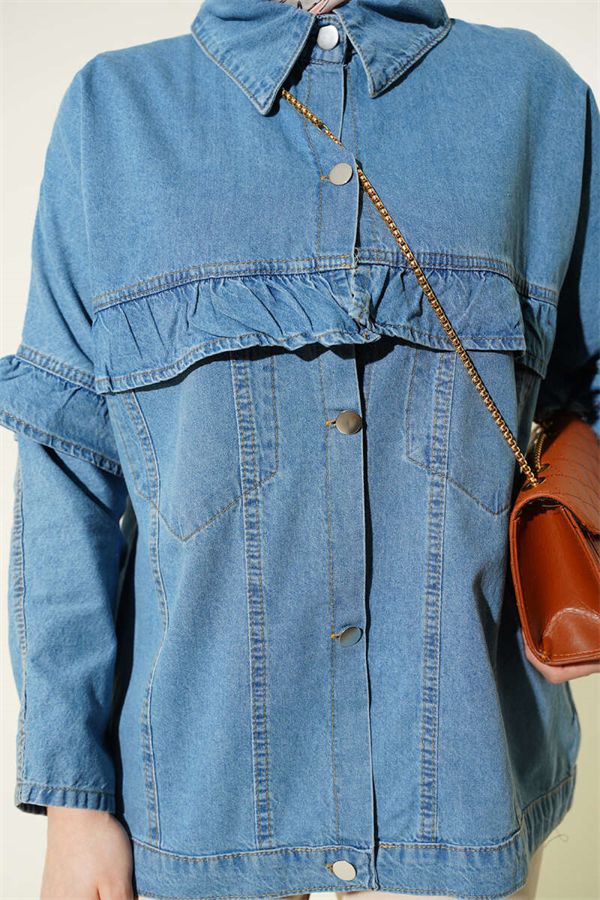 Denim Jacket with Ruffled Front and Metal Buttons, Denim Blue