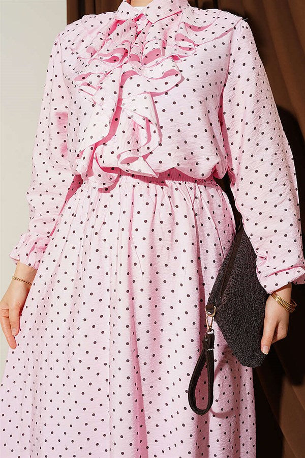 Pink 2 Piece Set with Ruffled Front and Polka Dot Skirt