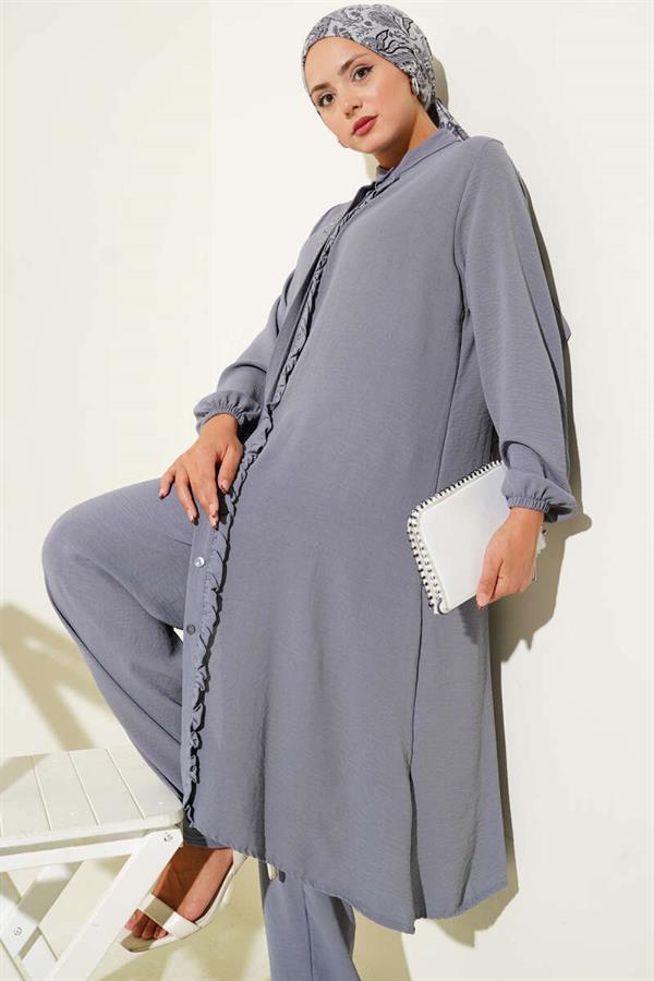 Ruffle Front Stone Detailed 2 Piece Set Gray