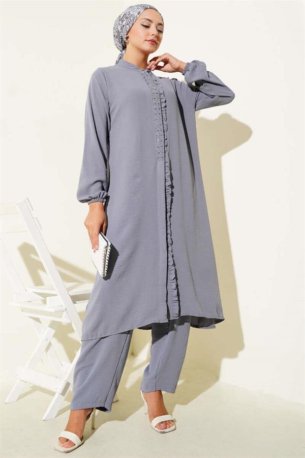 Ruffle Front Stone Detailed 2 Piece Set Gray