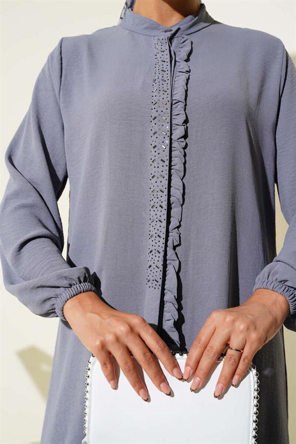 Ruffle Front Stone Detailed 2 Piece Set Gray