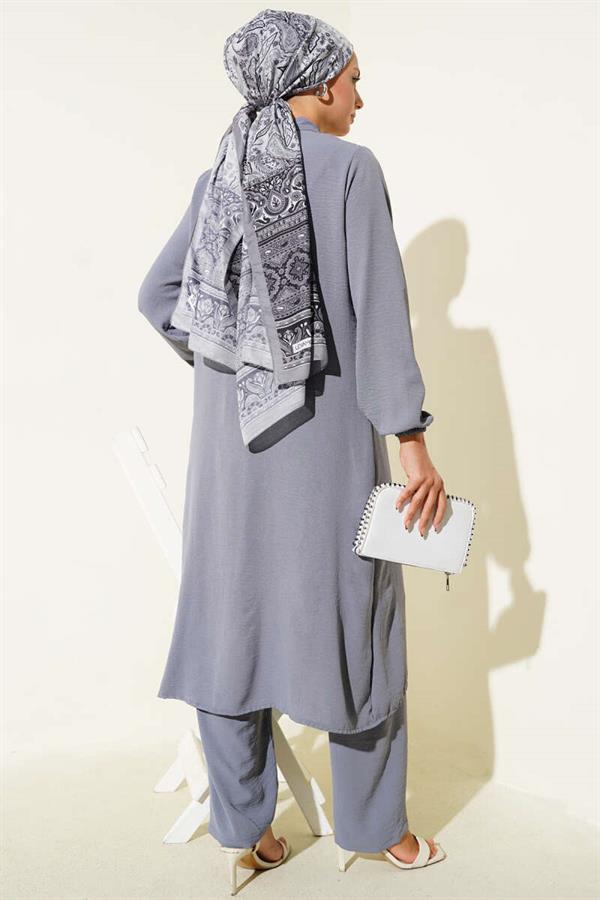 Ruffle Front Stone Detailed 2 Piece Set Gray