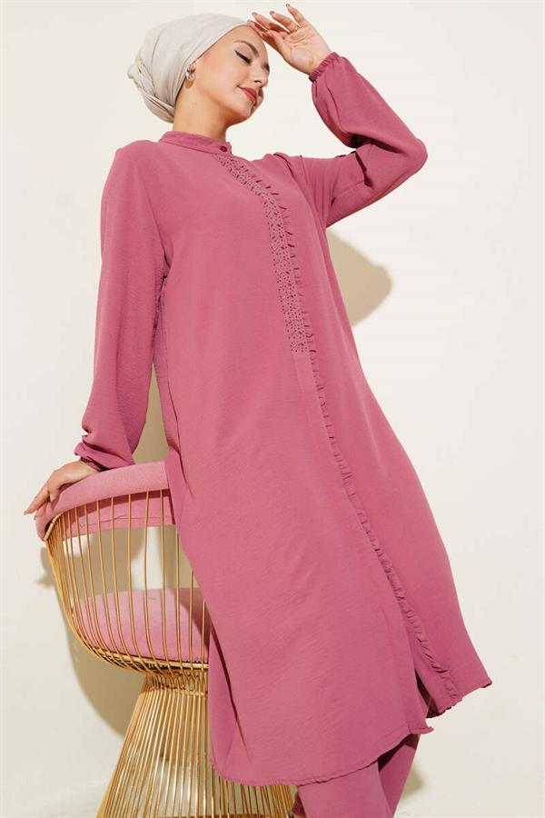 Ruffle Front Stone Detailed 2 Piece Set Dusty Rose