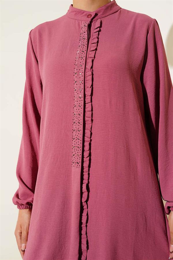 Ruffle Front Stone Detailed 2 Piece Set Dusty Rose