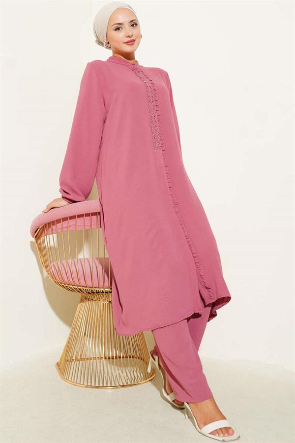 Ruffle Front Stone Detailed 2 Piece Set Dusty Rose