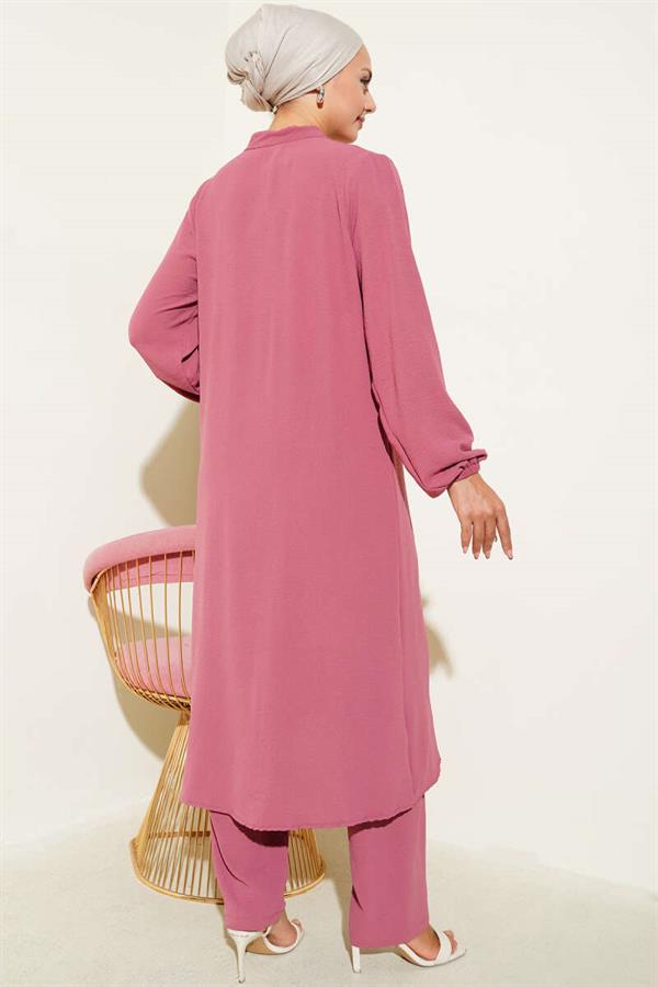 Ruffle Front Stone Detailed 2 Piece Set Dusty Rose