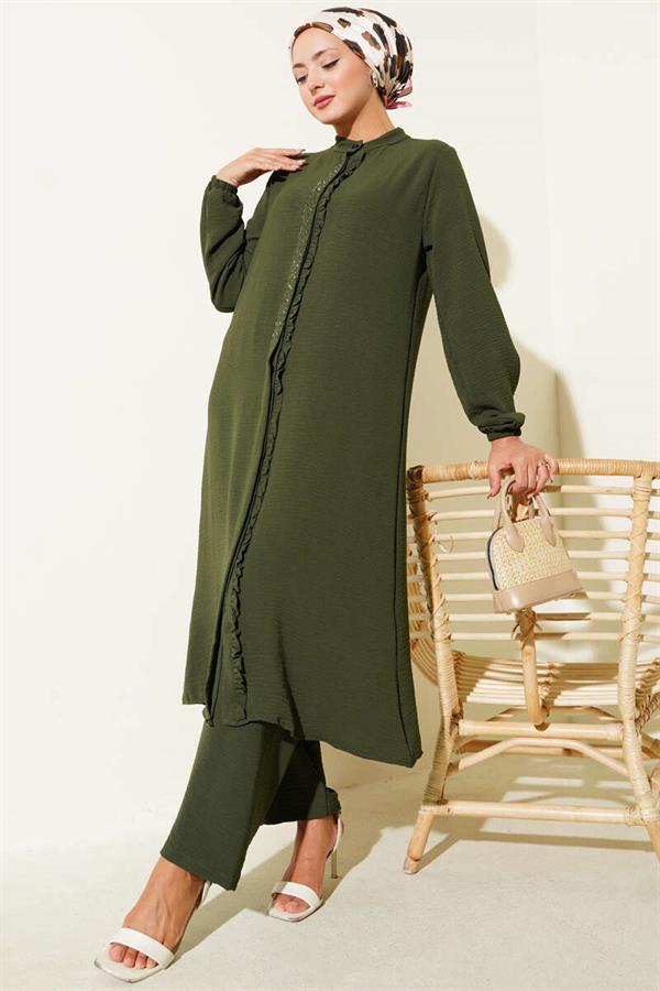 Ruffle Front Stone Detailed 2 Piece Set Khaki