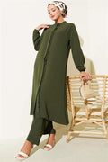 Ruffle Front Stone Detailed 2 Piece Set Khaki