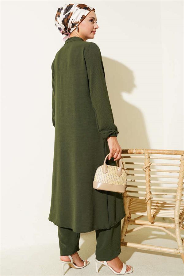 Ruffle Front Stone Detailed 2 Piece Set Khaki