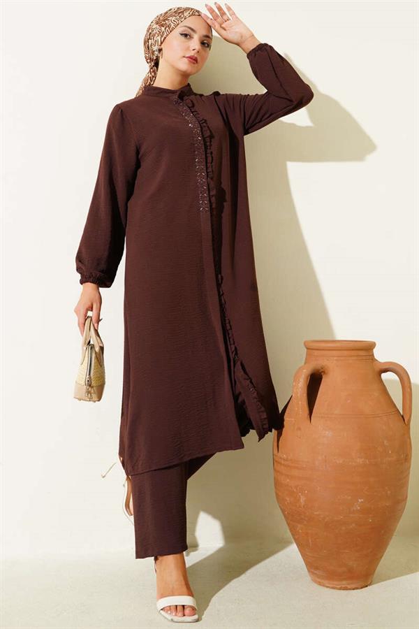 Ruffle Front Stone Detailed 2 Piece Set Brown