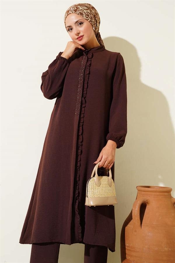 Ruffle Front Stone Detailed 2 Piece Set Brown