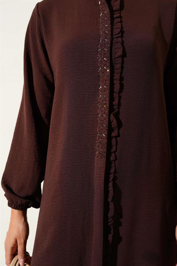 Ruffle Front Stone Detailed 2 Piece Set Brown