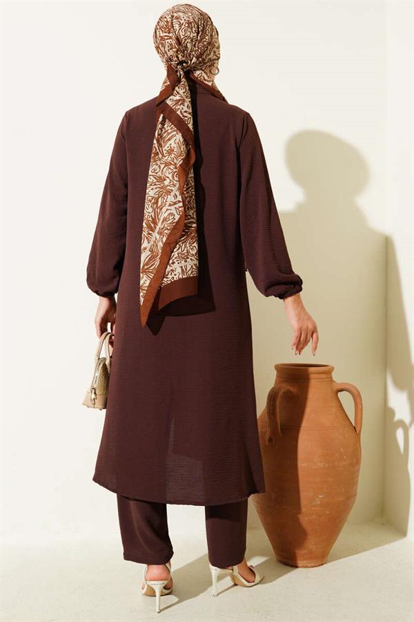 Ruffle Front Stone Detailed 2 Piece Set Brown
